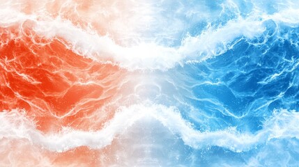 A blue and red background with white and blue waves