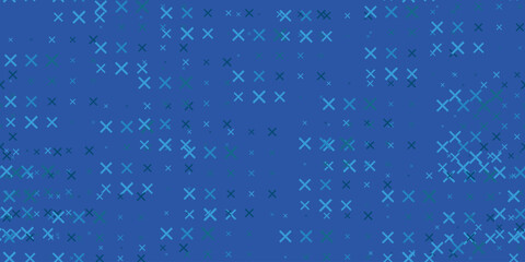 Seamless background pattern of evenly spaced cross symbols of different sizes and opacity. Vector illustration on blue background