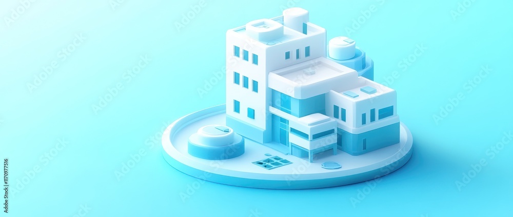 Poster isometric illustration of a light blue building complex on a circular base.