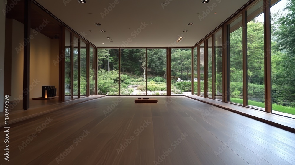 Poster Spacious minimalist room with large windows overlooking a serene garden.