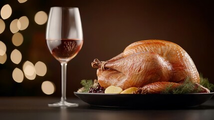 A turkey on a plate next to a glass of wine