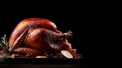 A roasted turkey on a platter with cranberries and rosemary