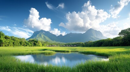 A small pond in the middle of a lush green field