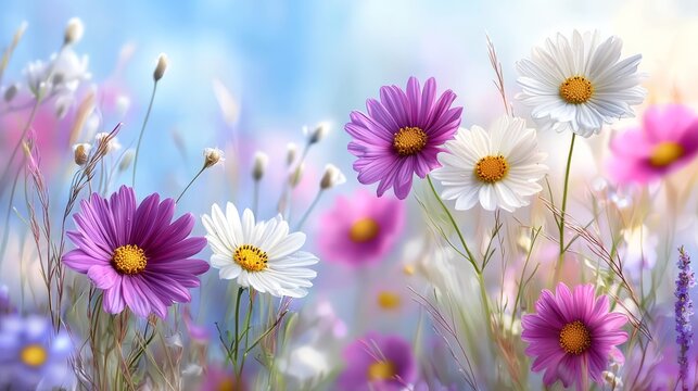 A field of daisies and other flowers in a field of grass