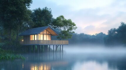 Obraz premium Modern lake house nestled amongst tranquil trees and fog