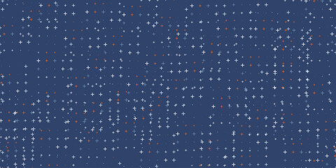 Seamless background pattern of evenly spaced plus symbols of different sizes and opacity. Vector illustration on blue background