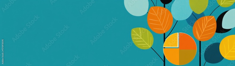Poster abstract autumnal leaves and pie chart design on teal background.