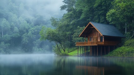 Fototapeta premium Wooden Cabin Lakeside Misty Forest Morning