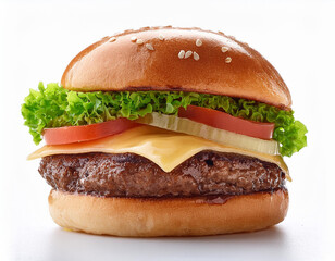 Close up of tasty burger isolated on white background. french fries and the burger with meat, cooking a burger at home. junk fast food.