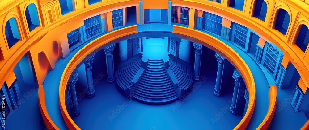 Poster abstract circular building interior with blue and orange architecture, stairs, and columns.