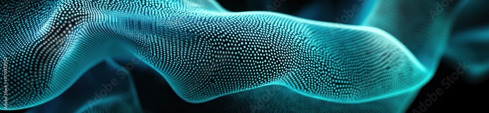 Poster abstract teal wave with textured surface, dark background.