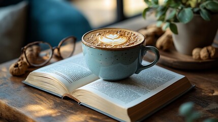 Latte Art Coffee On Open Book Beside Glasses
