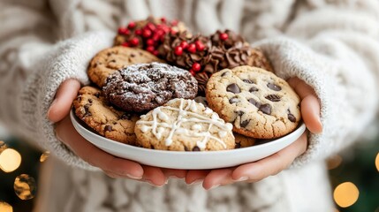 Warm chocolate chip cookies in cozy hands, winter delight!