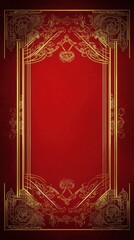 Obraz premium Semi-transparent gold text area surrounded by a glowing border, set against a rich red background with decorative gold motifs for a Chinese New Year celebration invitation.