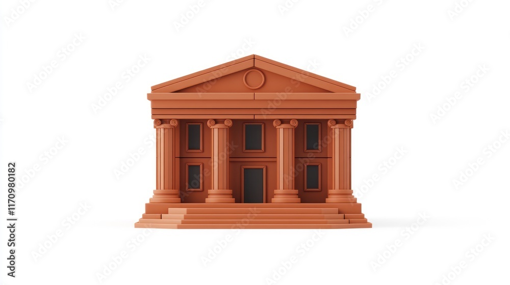 Poster Clay model of a classical building with columns, steps, and a pediment, isolated on white background.