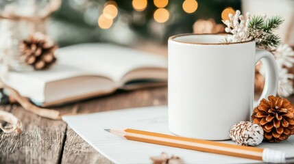 Winter morning warmth: A cozy mug, pencil, and notebook await.