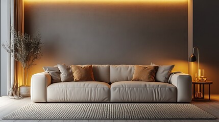 A cozy modern living room with a sofa, minimalist d&eacute;cor, and soft lighting, rendered in 3D.
