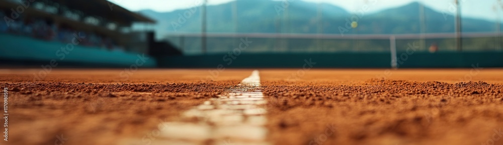 Aufkleber Close-up view of a clay tennis court's surface with a blurred background showing a net and spectators.