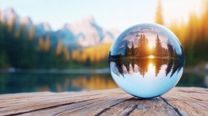 A glass ball sitting on top of a wooden table