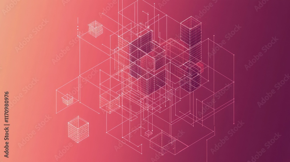 Aufkleber Abstract isometric geometric design with interconnected cubes and lines on a gradient background.