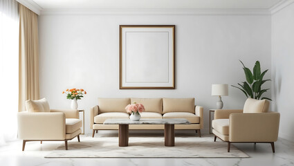 Modern home living room interior. Mock up poster frame in Scandinavian style interior.