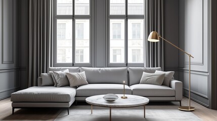 A luxury city apartment with grey walls, showcasing a light grey sectional sofa, a round marble coffee table, and a stylish floor lamp. The apartment has large windows that let in ample natural light.
