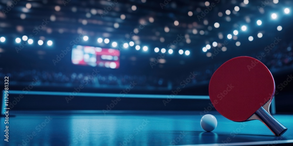 Poster table tennis paddle and ball on a table in a stadium.