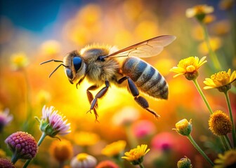 Fototapeta premium Majestic Drone Shot: Male Bee in Flight, Pollinating Wildflowers