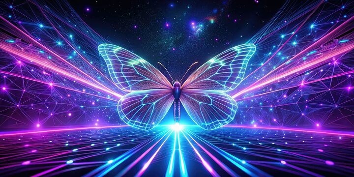 A cosmic butterfly, rendered in 3D neon UV, dances amidst a hyper-speed digital nebula.