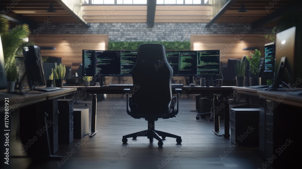 Aufkleber Empty gaming chair in modern tech office with multiple monitors displaying code.