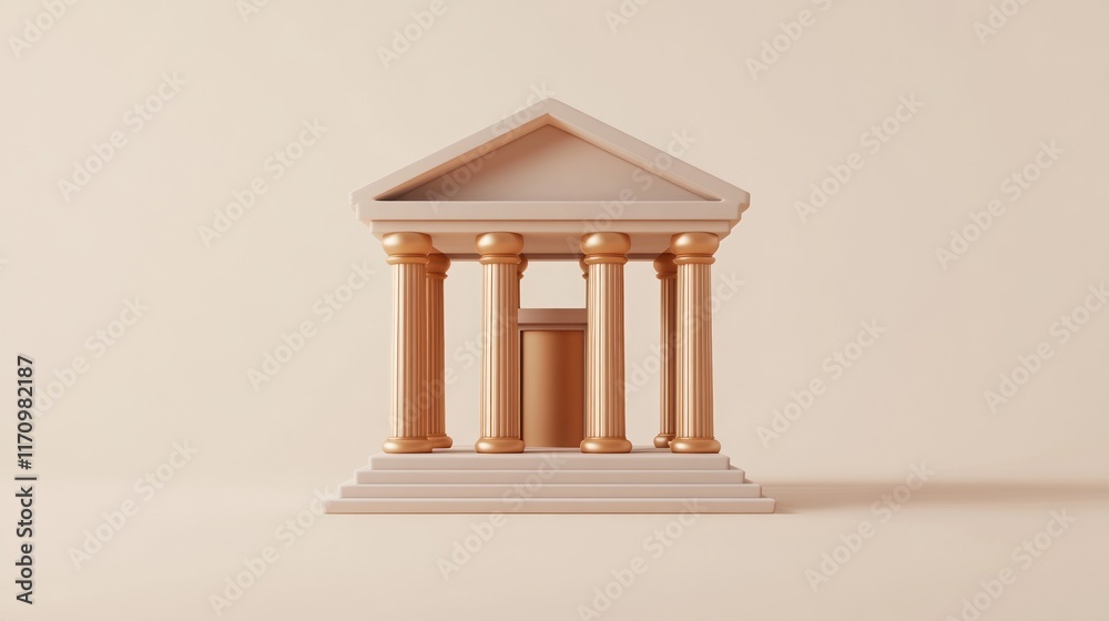 Poster Minimalist 3D model of a classical temple with beige and gold columns on a beige background.