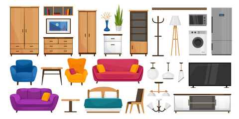 Cartoon vector furniture set in flat style with sofas, lamps, bed, armoires, shelves, TV, laundry machine, microwave oven, refrigerator, and posters for interior design use.
