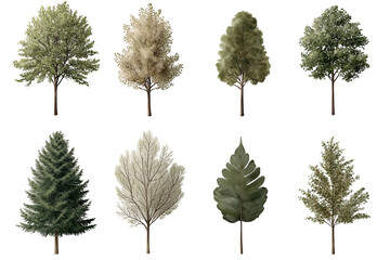 Collection of artistic watercolor trees showcasing organic designs in a clean, professional studio setting