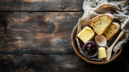 Freshly baked bread slices with butter and jam in rustic basket create warm, inviting breakfast scene. Perfect for cozy morning or brunch setting