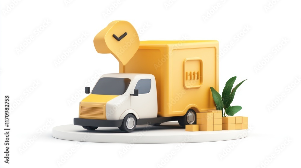 Poster 3d render of a delivery truck with a package and checkmark icon.