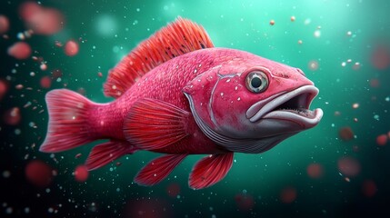 A red fish with its mouth open in the water