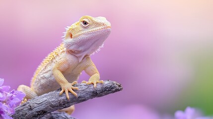 Obraz premium A lizard sitting on a branch with purple flowers in the background