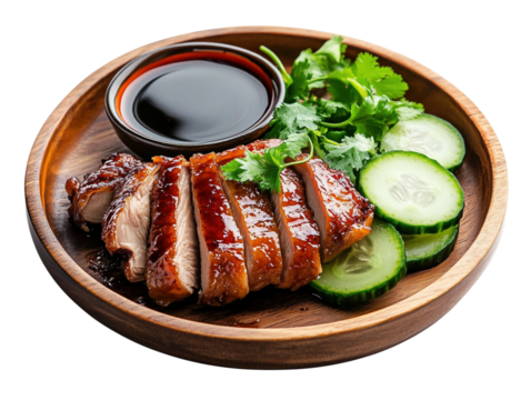 Crispy peking duck platter with pancakes and fresh cucumber from China on a white background