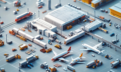 A detailed aerial view of a miniature airport scene with planes, vehicles, and cargo, showcasing intricate logistics and transportation elements.