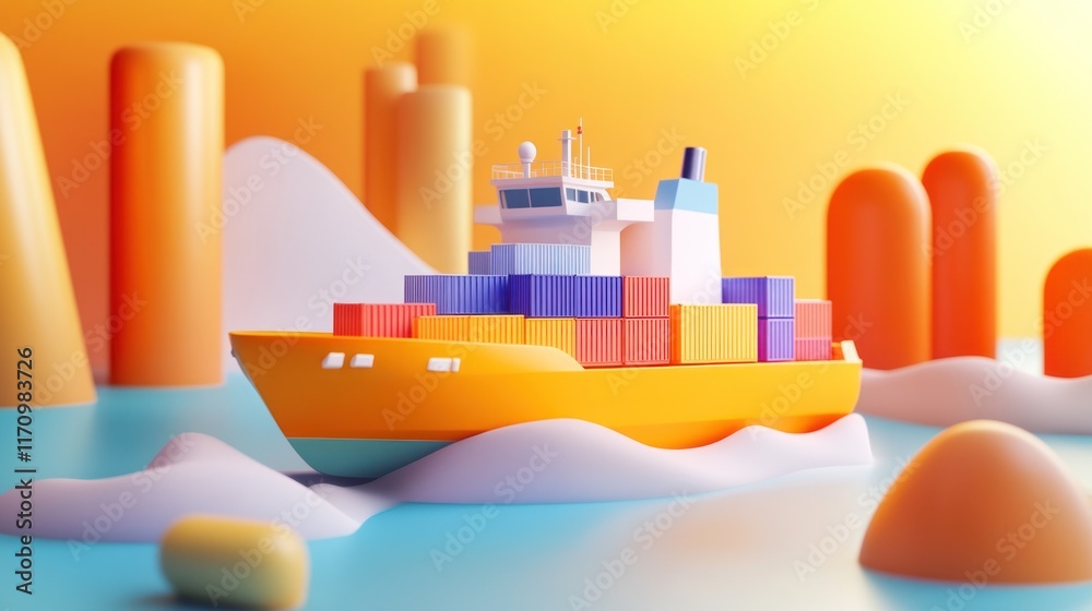 Poster cartoon container ship sailing on stylized ocean with colorful abstract background.