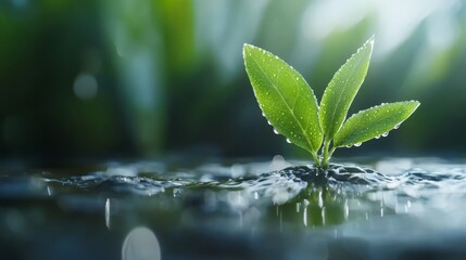 A green plant with water droplets on it in the water