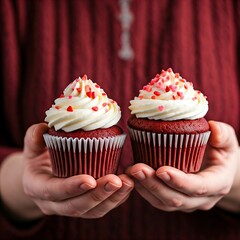 two delicious red velvet cupcakes with vanilla frosting and heart-shaped sprinkles. The cupcakes are held in hands against a red background, a cozy and inviting atmosphere.