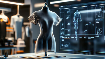 3D garment design process is showcased with digital mannequin and technical drawings. scene captures blend of technology and fashion design, highlighting innovation