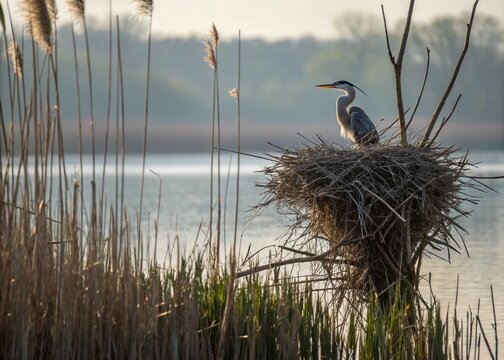 Majestic Heron's Nest in Wetlands at Sunrise - Wildlife Stock Photo