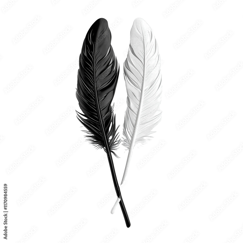 Wall mural black and white 3D rendering of two isolated bird feathers