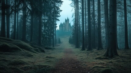 Fototapeta premium Misty Forest Path Leads to Distant Fairytale Castle
