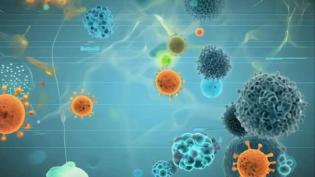 Extreme close-up of diverse microbiota colonies within the gut, showing a realistic texture of bacteria and cells in vibrant colors