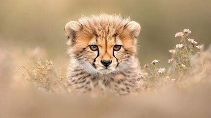 Obraz premium A cheetah cub sitting in a field of flowers