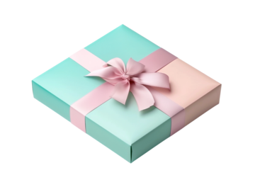Elegant gradient gift box with iridescent colors and soft pastel ribbon in a clean studio setting