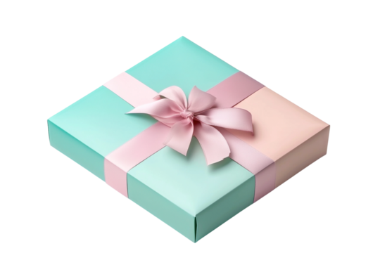Elegant gradient gift box with iridescent colors and soft pastel ribbon in a clean studio setting